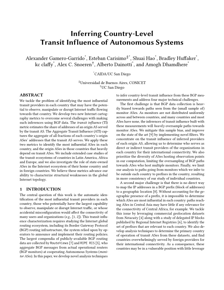 inferring country level transit influence of autonomous