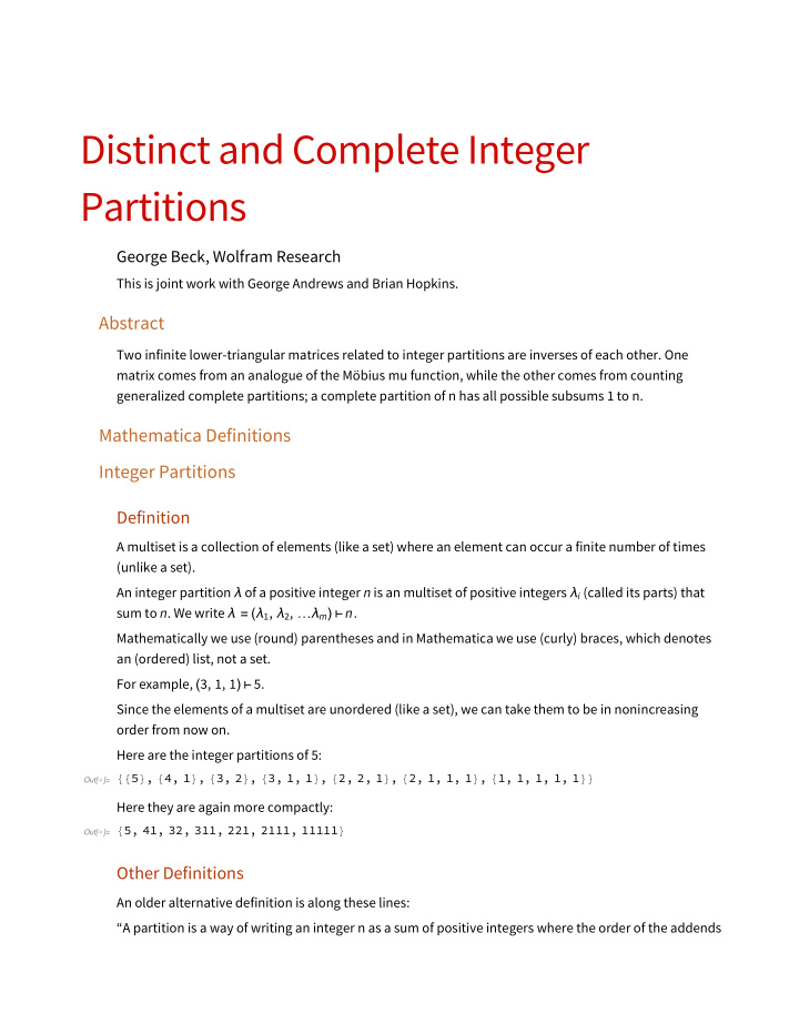 distinct and complete integer partitions