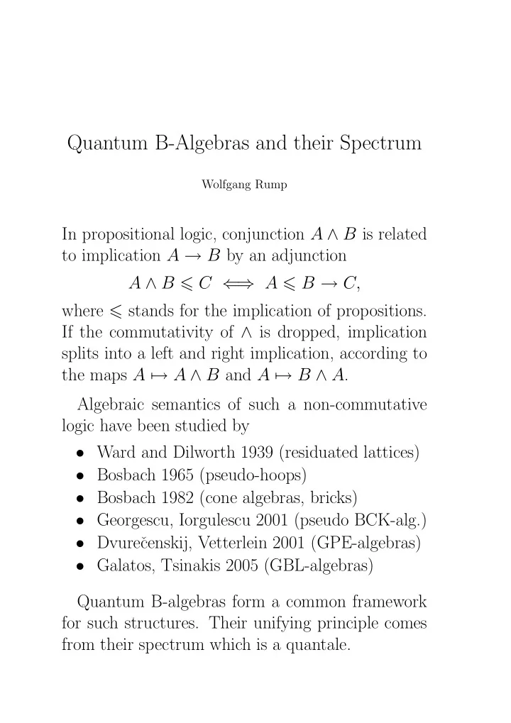 quantum b algebras and their spectrum