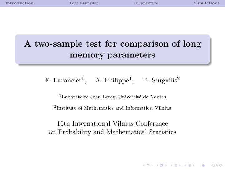 a two sample test for comparison of long memory parameters