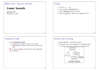 Lower bounds 2. Can be sorted in O ( n log n ) time. 3. Claim: ( n log n ) time to solve this.
