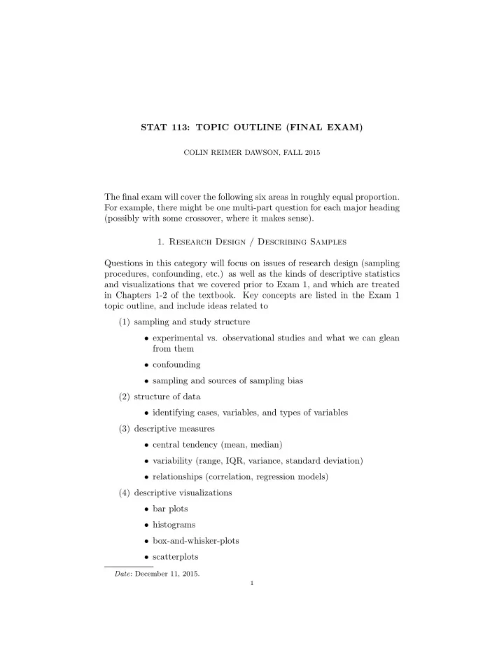 stat 113 topic outline final exam