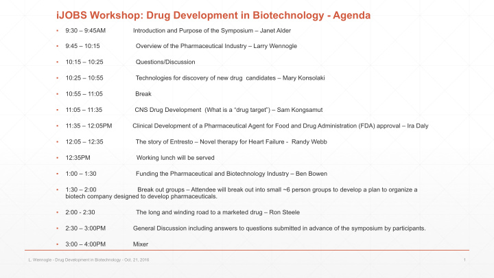 ijobs workshop drug development in biotechnology agenda