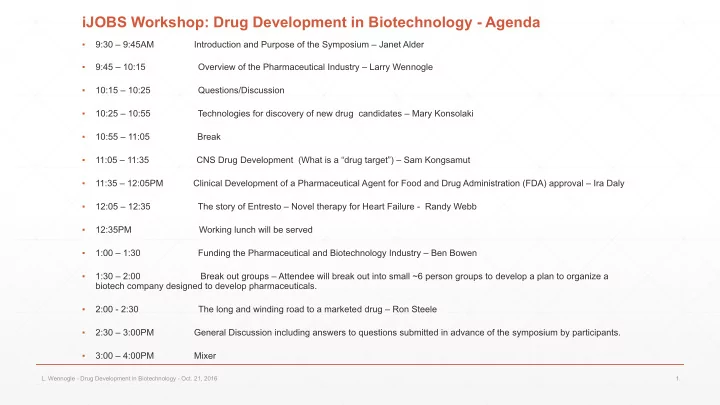 ijobs workshop drug development in biotechnology agenda