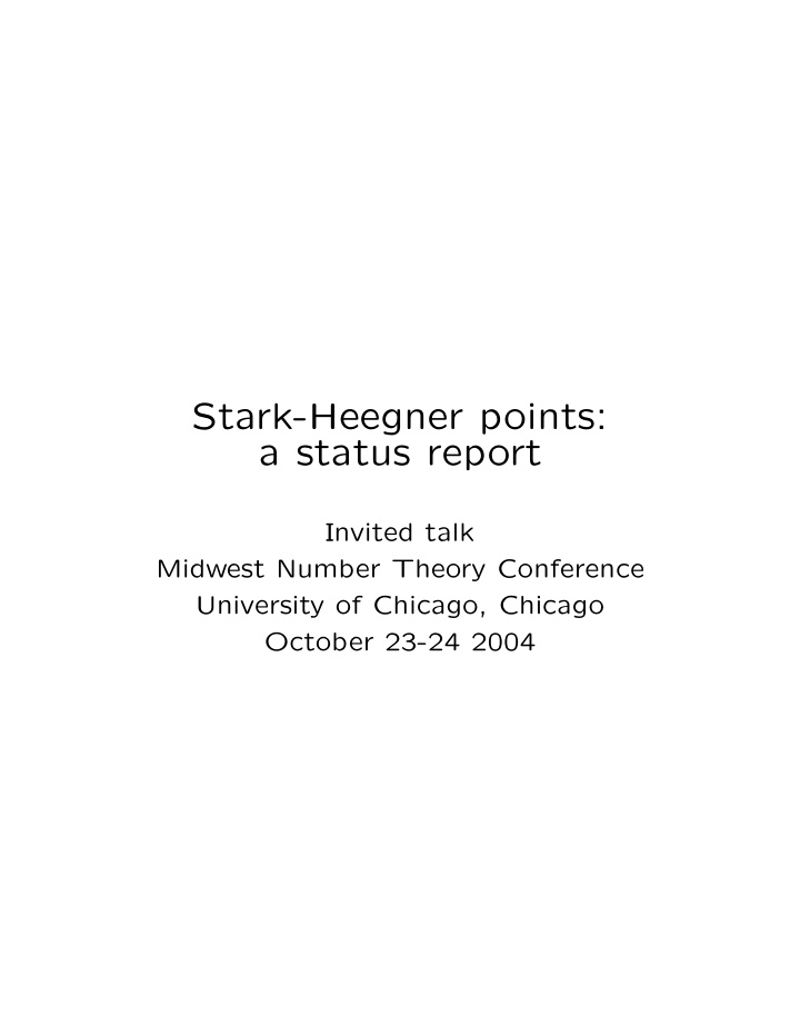 stark heegner points a status report