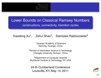 Lower Bounds on Classical Ramsey Numbers  constructions, connectivity, Hamilton cycles Xiaodong Xu