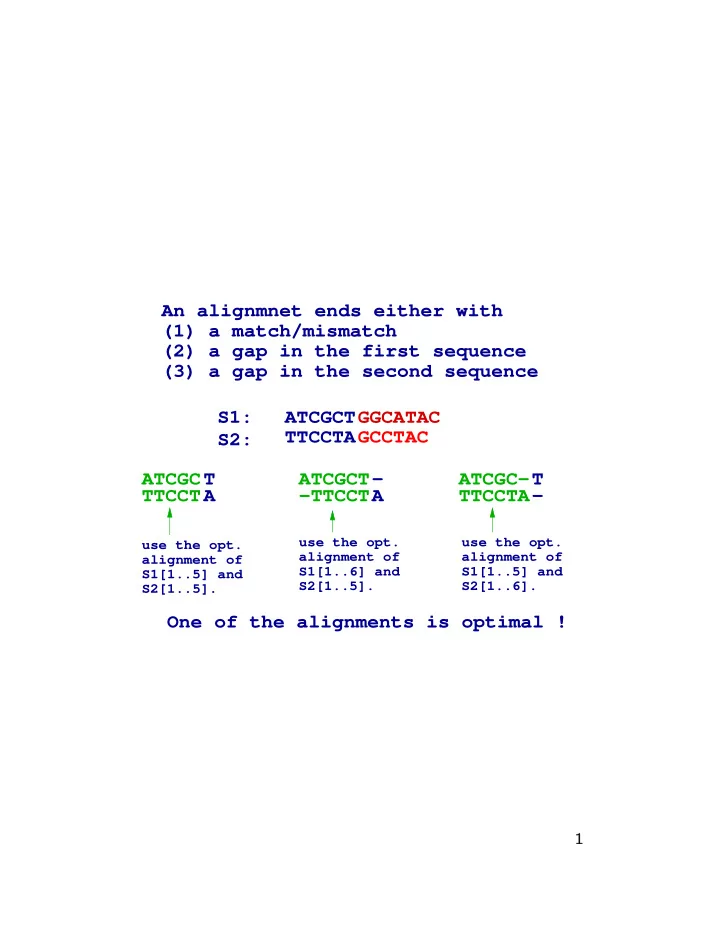 an alignmnet ends either with 1 a match mismatch 2 a gap
