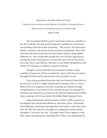 R EMARKS OF THE H ON . S IDNEY H. S TEIN P RESENTATION OF A SSOCIATION M EDAL TO THE H ON . L