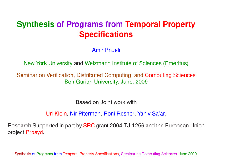 synthesis of programs from temporal property