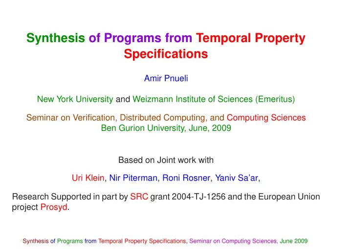 synthesis of programs from temporal property