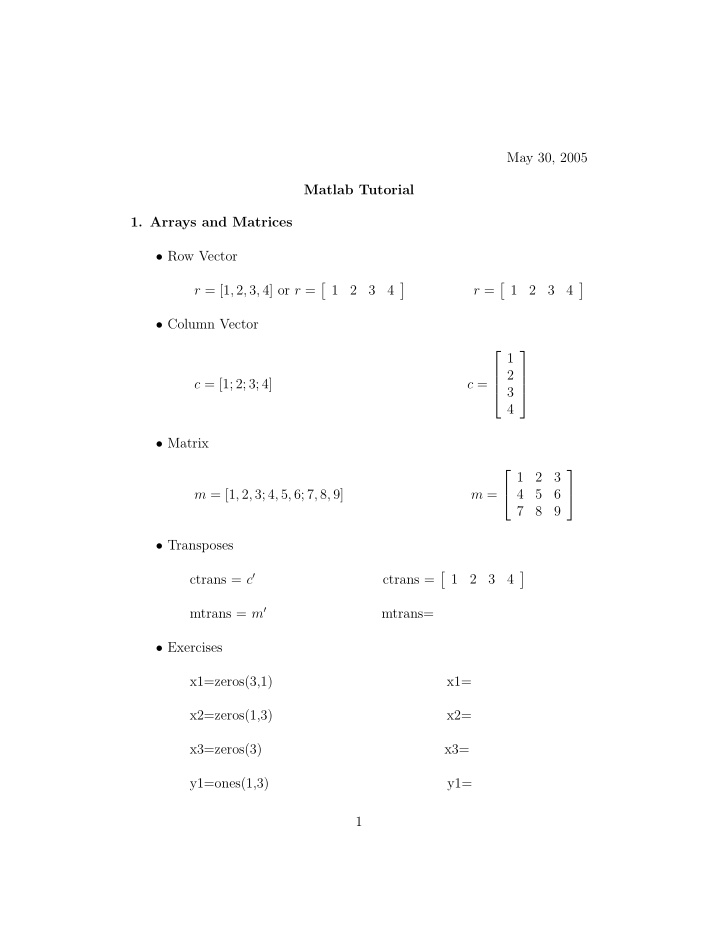 may 30 2005 matlab tutorial 1 arrays and matrices row