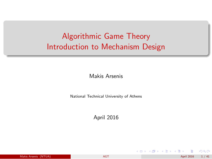 algorithmic game theory introduction to mechanism design