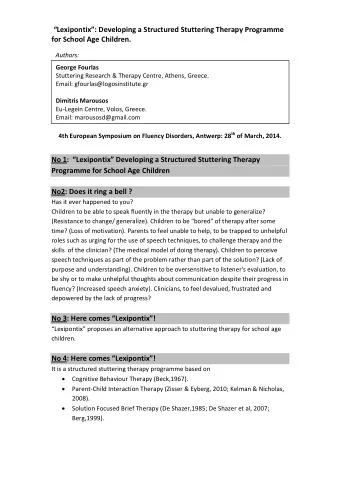 Lexipontix: Developing a Structured Stuttering Therapy Programme  for School Age Children.