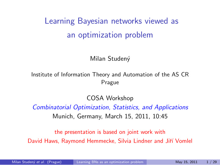 learning bayesian networks viewed as an optimization