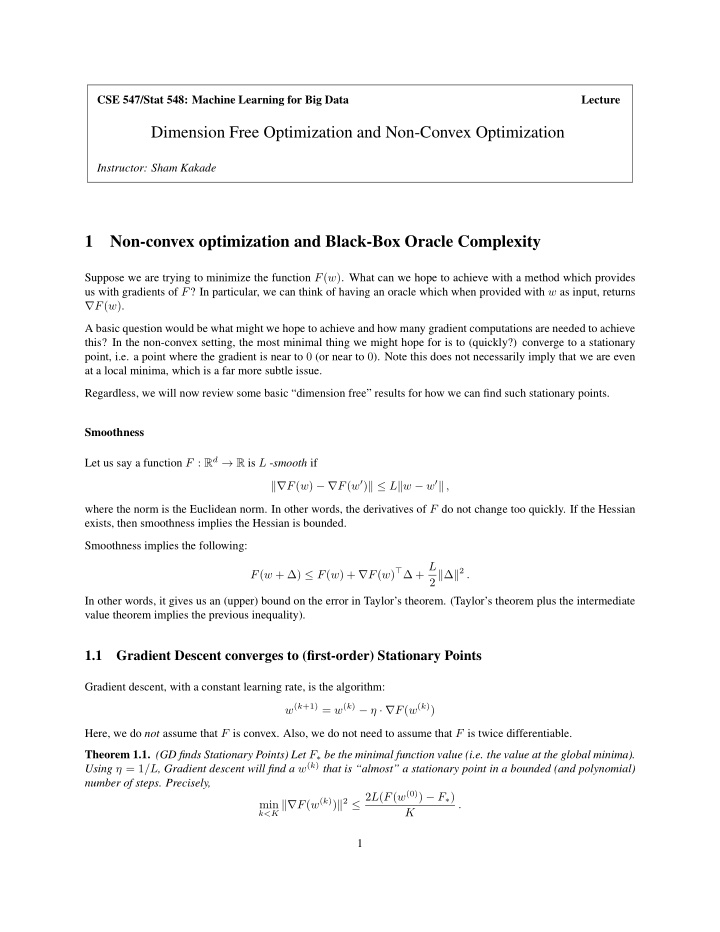 dimension free optimization and non convex optimization