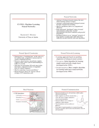 1  Real Neural Learning  Artificial Neuron Model   Model network as a graph with cells as nodes