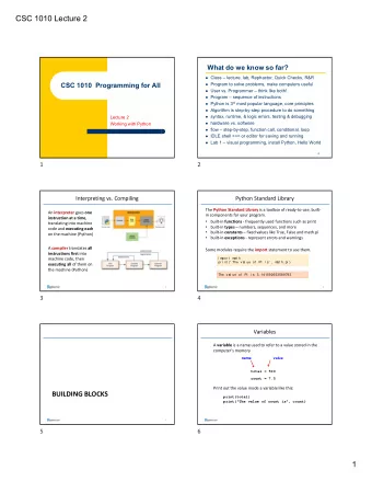 CSC 1010 Lecture 2  What do we know so far?  Class  lecture, lab, Rephactor, Quick Checks,