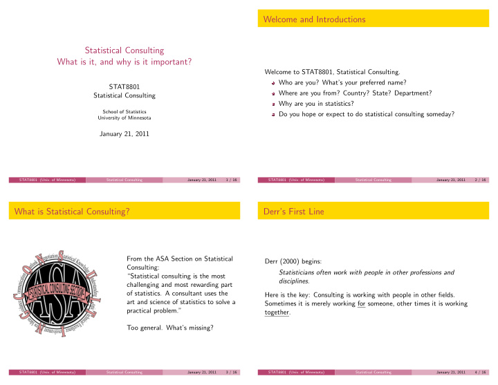welcome and introductions statistical consulting what is