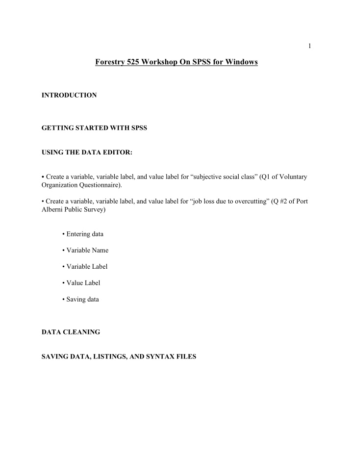 forestry 525 workshop on spss for windows