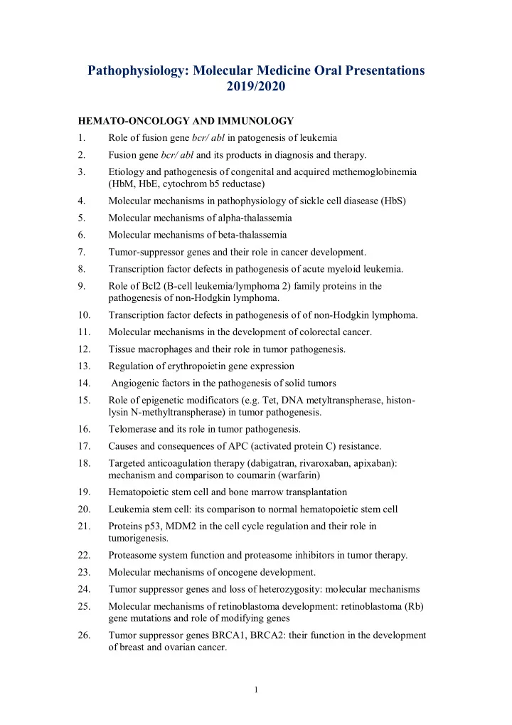 pathophysiology molecular medicine oral presentations