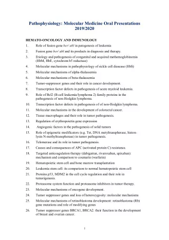 Pathophysiology: Molecular Medicine Oral Presentations  2019/2020  HEMATO-ONCOLOGY AND IMMUNOLOGY
