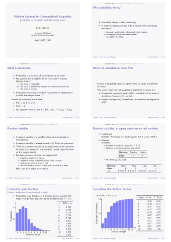 Machine Learning for Computational Linguistics  Some probability distributions    .