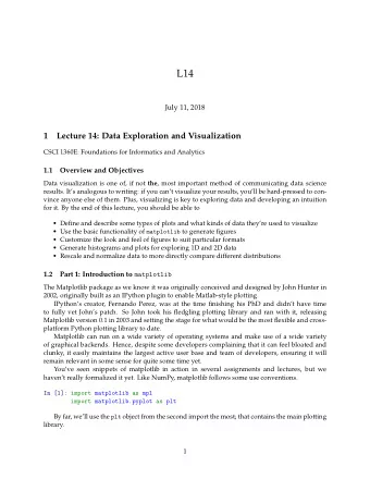 L14  July 11, 2018  1  Lecture 14: Data Exploration and Visualization  CSCI 1360E: Foundations for