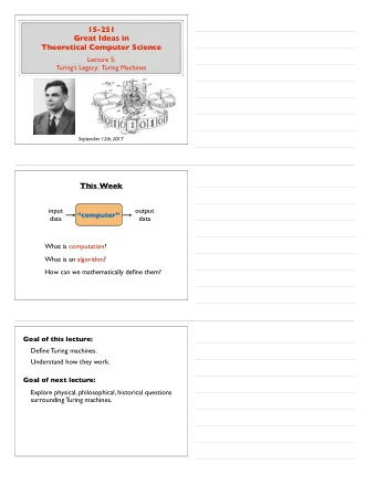 15-251  Great Ideas in  Theoretical Computer Science  Lecture 5:  Turings Legacy:  Turing