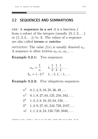 3.2  SEQUENCES AND SUMMATIONS def: A sequence in a set A is a function f from a subset of the
