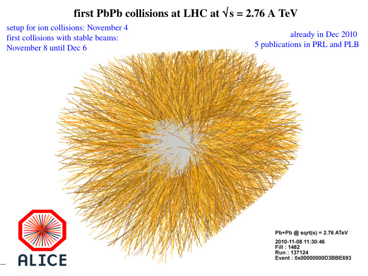 first pbpb collisions at lhc at s 2 76 a tev