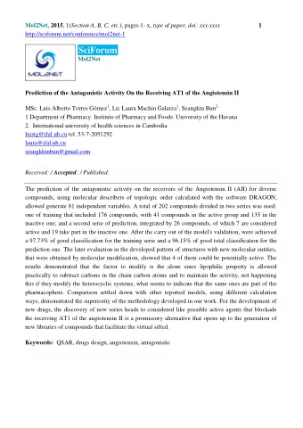 SciForum  Mol2Net  Prediction of the Antagonistic Activity On the Receiving AT1 of the Angiotensin