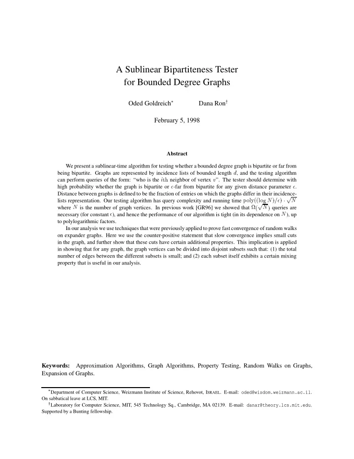 a sublinear bipartiteness tester for bounded degree graphs