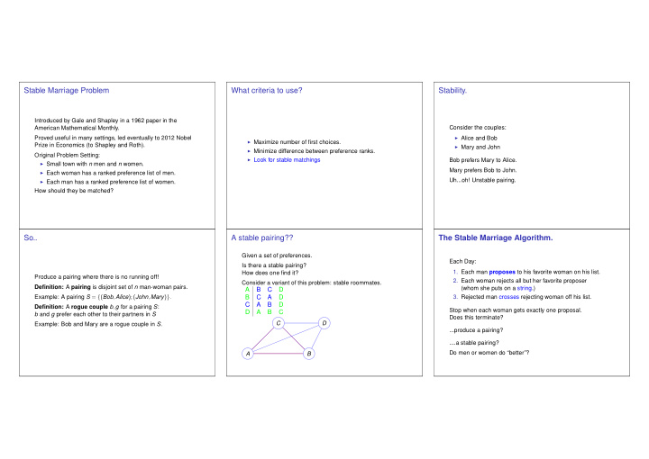 stable marriage problem what criteria to use stability