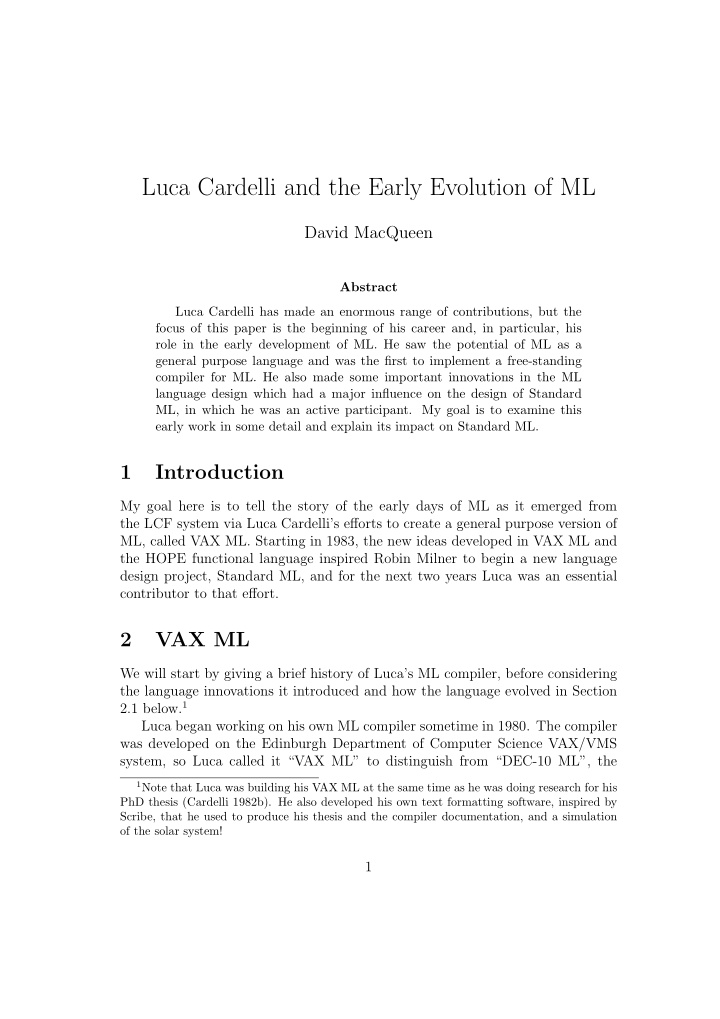 luca cardelli and the early evolution of ml