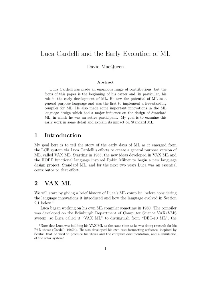 luca cardelli and the early evolution of ml