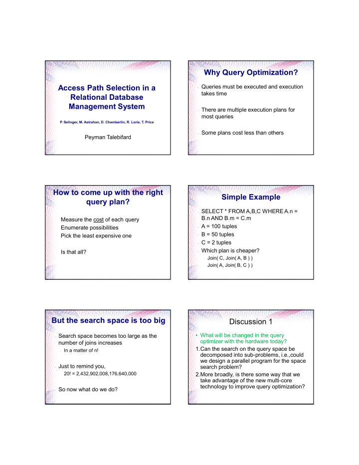 why query optimization access path selection in a