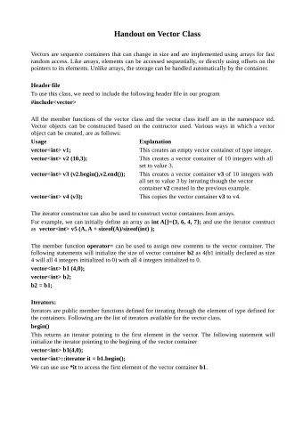 Handout on Vector Class  Vectors are sequence containers that can change in size and are
