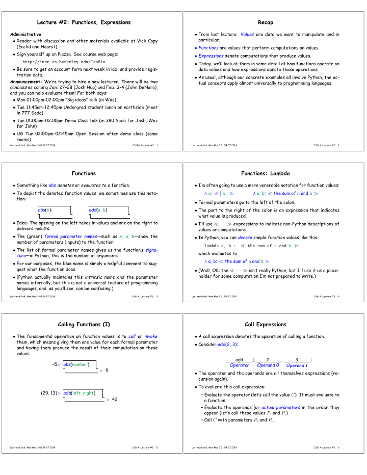 lecture 2 functions expressions recap