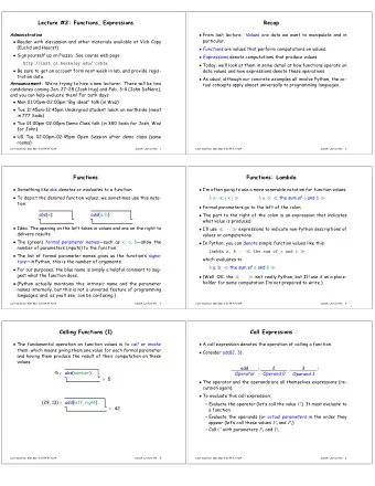 Lecture #2: Functions, Expressions  Recap  Administrative  From last lecture: Values are data we