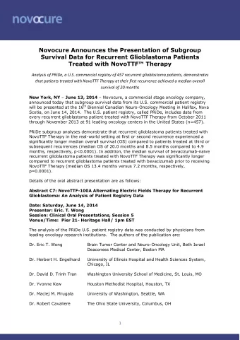 Novocure Announces the Presentation of Subgroup  Survival Data for Recurrent Glioblastoma Patients