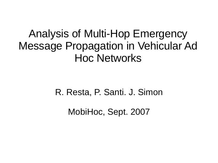 analysis of multi hop emergency message propagation in