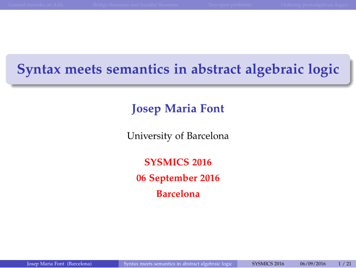 syntax meets semantics in abstract algebraic logic