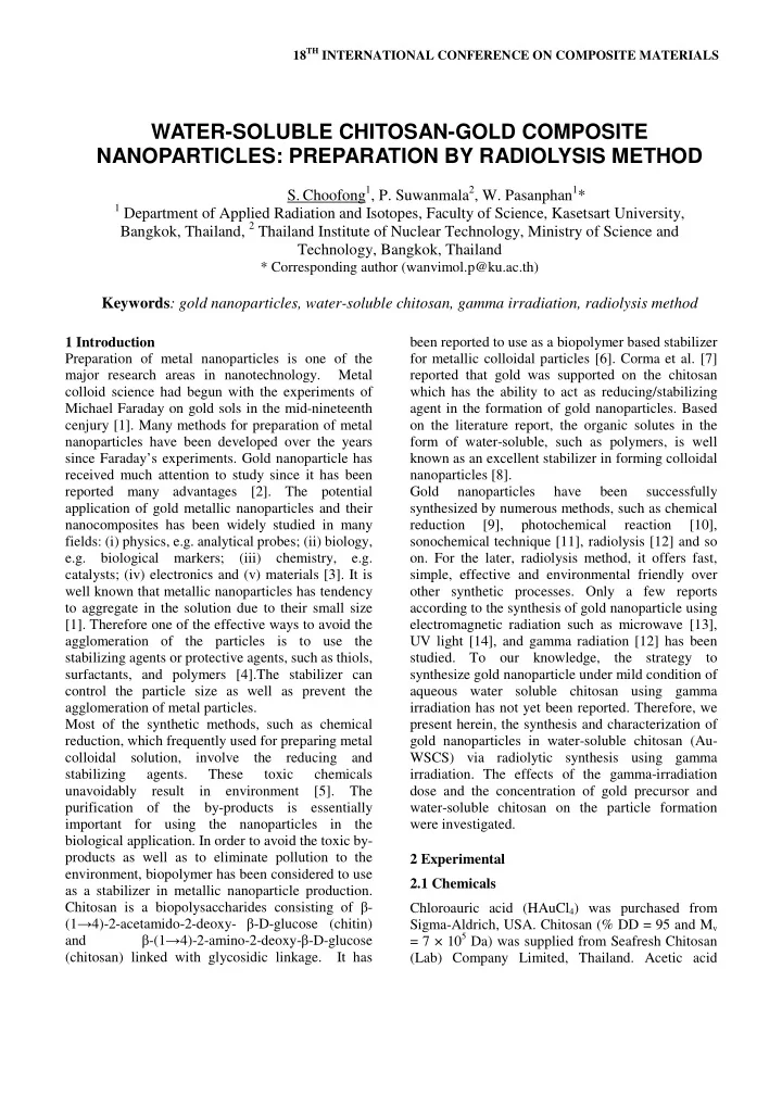 water soluble chitosan gold composite nanoparticles