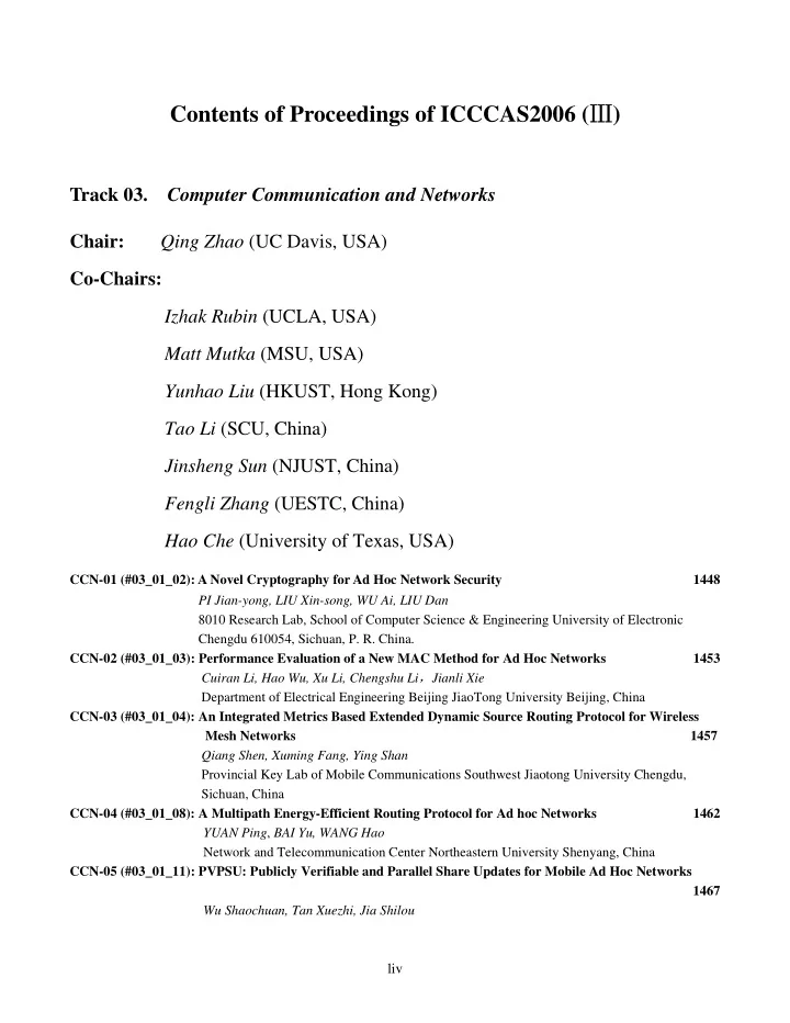 contents of proceedings of icccas2006