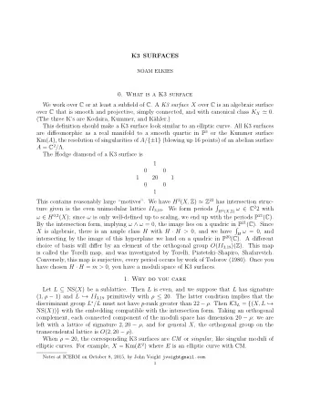 K3 SURFACES  NOAM ELKIES  0. What is a K3 surface We work over C or at least a subfield of C . A K3
