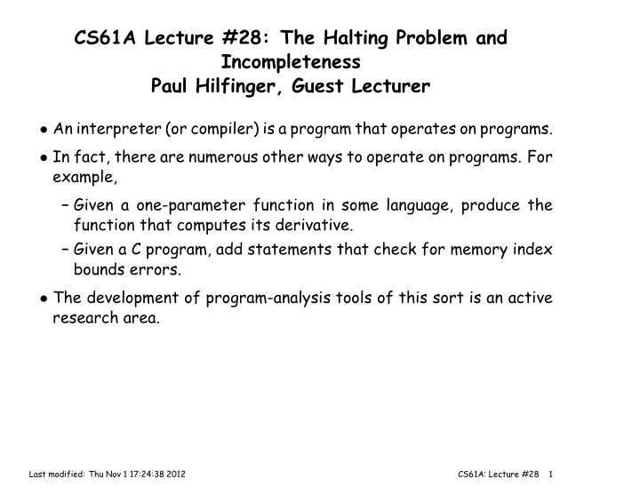 cs61a lecture 28 the halting problem and incompleteness