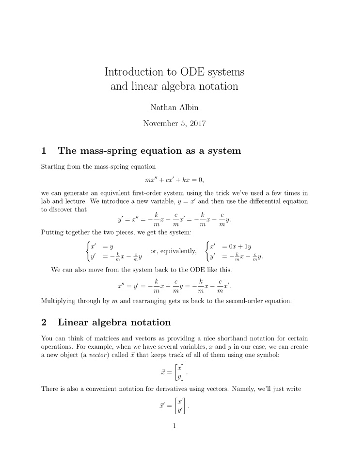 introduction to ode systems and linear algebra notation