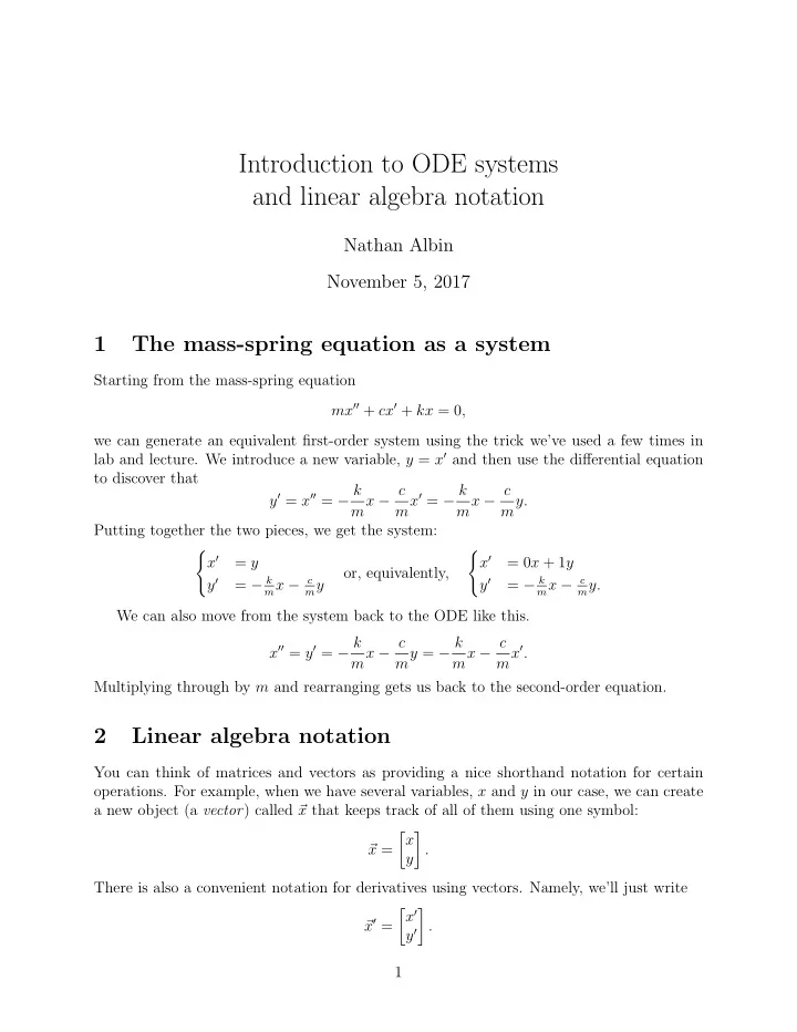 introduction to ode systems and linear algebra notation