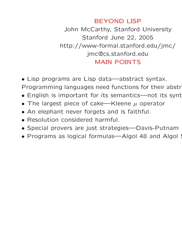 beyond lisp john mccarthy stanford university stanford