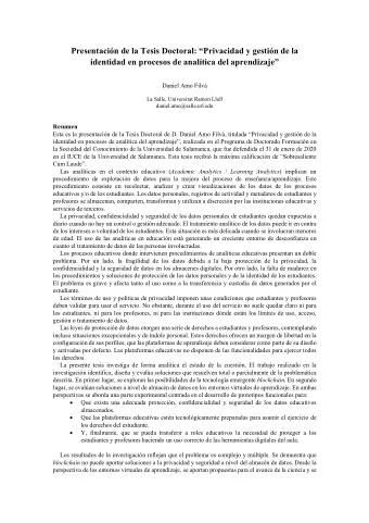 Presentacin de la Tesis Doctoral: Privacidad y gestin de la  identidad en procesos de